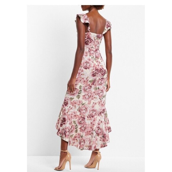 New EXPRESS Floral Print Ruffle Hi Lo Maxi Dress Pink Green Summer Size 12 - Picture 2 of 15